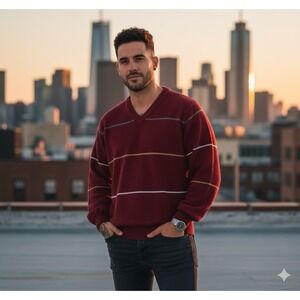 Kensington Collection Burgundy Sweater w White Stripes Sz‎ L Pullover Retro